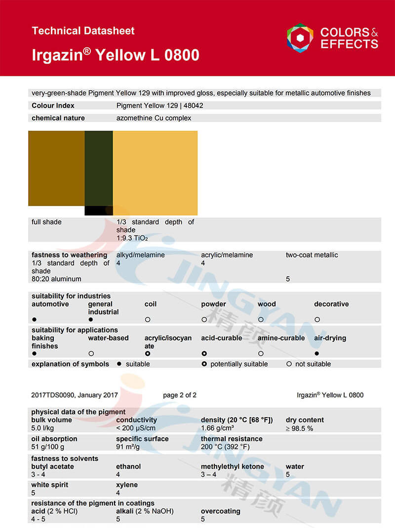 巴斯夫L0800顏料黃TDS數據報告