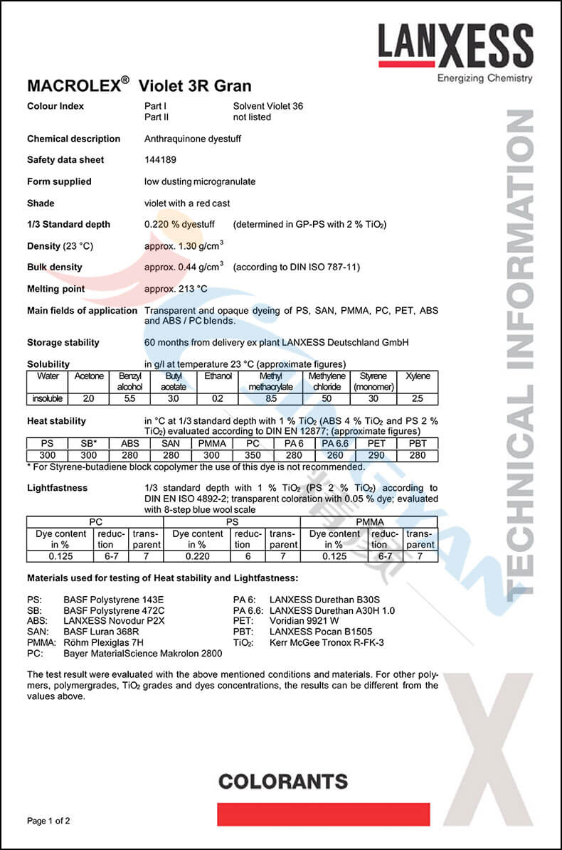 朗盛染料3R紫技術數據表
