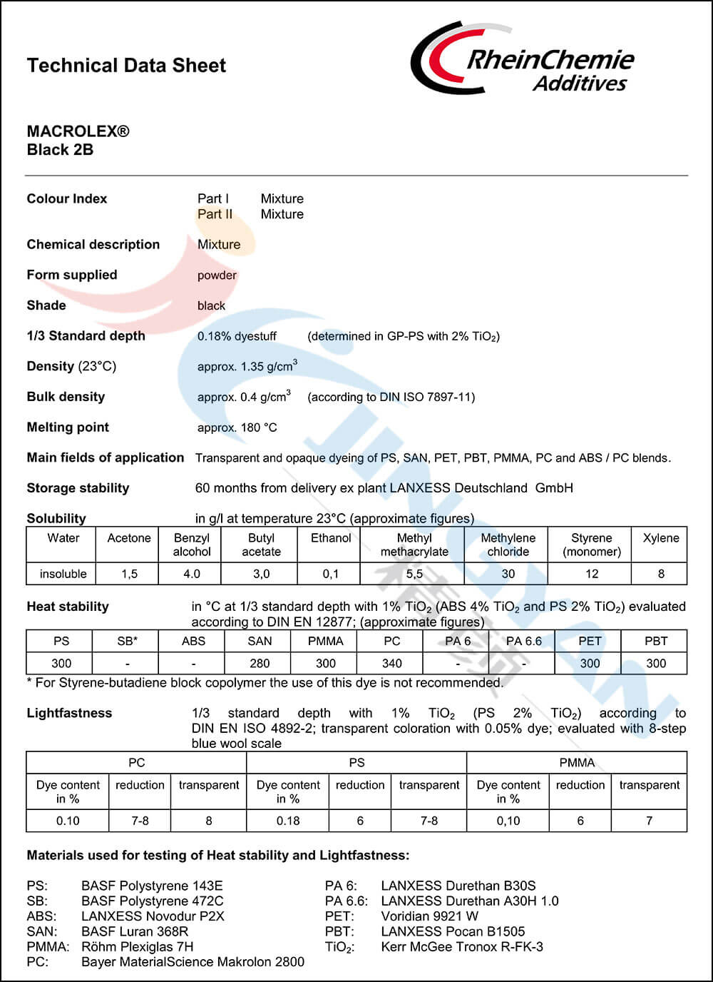 朗盛染料2B黑數據表1
